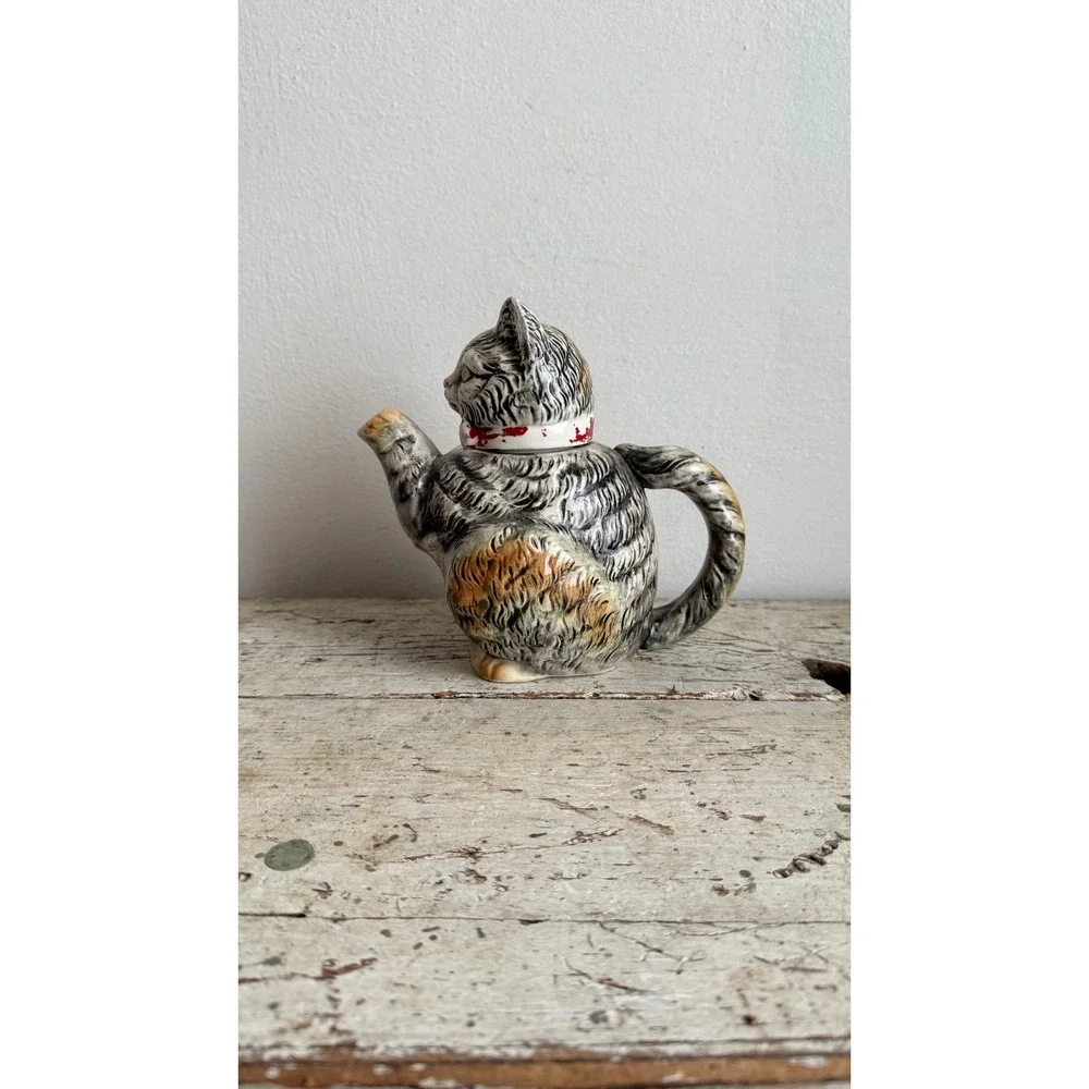 Vintage Japanese Hand Painted Ceramic Cat Teapot Grey Tabby Red Collar